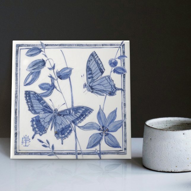 Carreau Décor floral papillon Delft Art Nouveau (Créateur téléchargé)