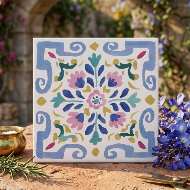Carreau Décor Floral Symétrique Pastel (Pastel Symmetrical Floral Decorative Ceramic Tile
)