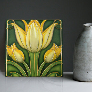 Carreau Décor mural symétrique Tulipe Jaune Art Nouveau