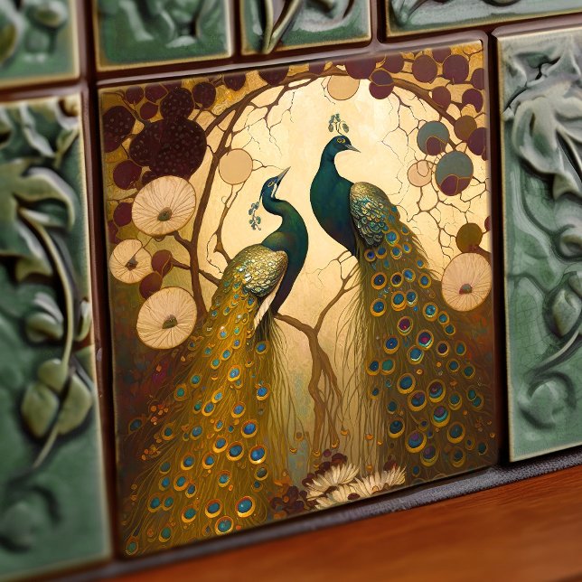 Carreau Décor Peacock Klimt Gold Green Wall Art Nouveau (Créateur téléchargé)