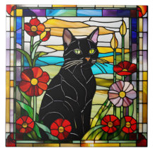 Carreau décoratif en verre coloré de chat noir mig