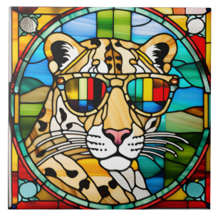 Carreau décoratif en verre coloré représentant un 