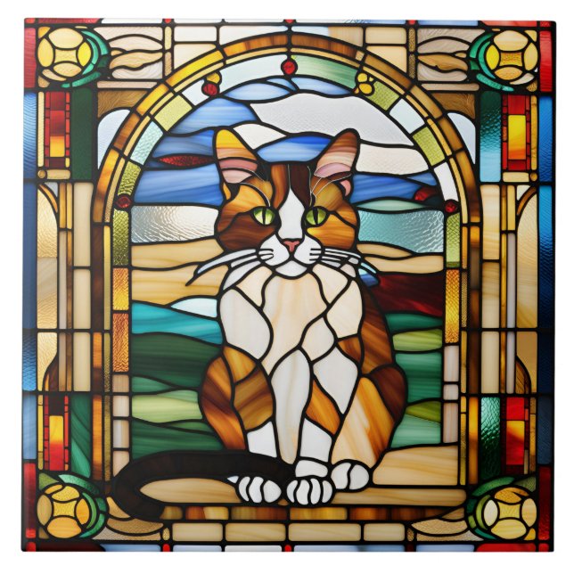 Carreau décoratif en verre teinté de chat calicot  (Devant)