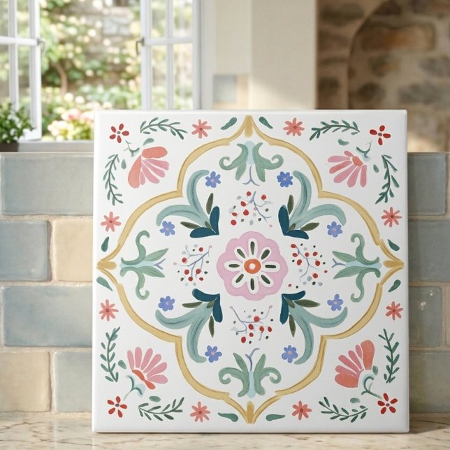 Carreau décoratif floral d'art populaire orné (Ornate Folk Art Floral Decorative Tile
)