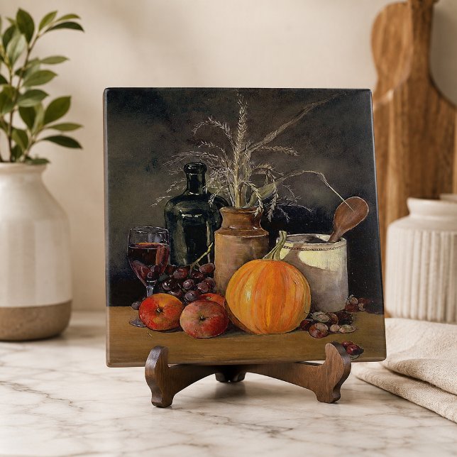 Carreau Décorations d'automne sur table, citrouille, fruit (Autumn Decorations on Table, Pumpkin, Fruit, Drink Ceramic Tile)