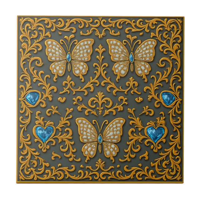 Carreau Decorative Butterfly Design in Gold and Blue  (Devant)