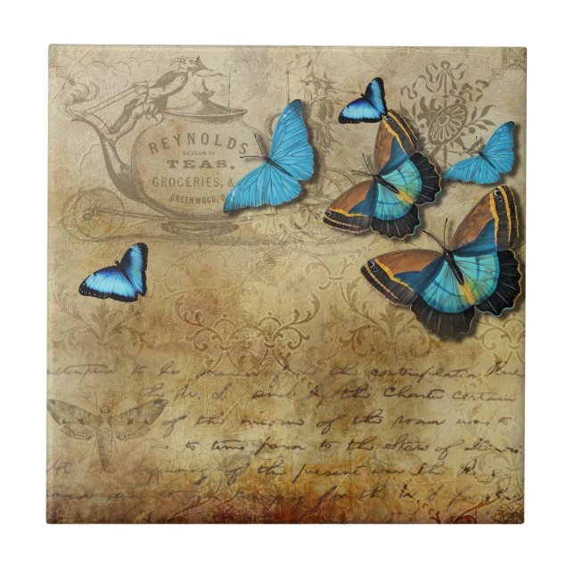 Carreau Découpage rustique antique N Bleu Papillons Thé (Devant)