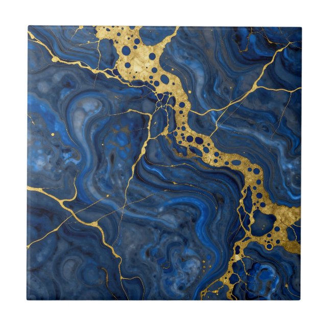Carreau Deep Blue Golden Veins Abstrait (Devant)