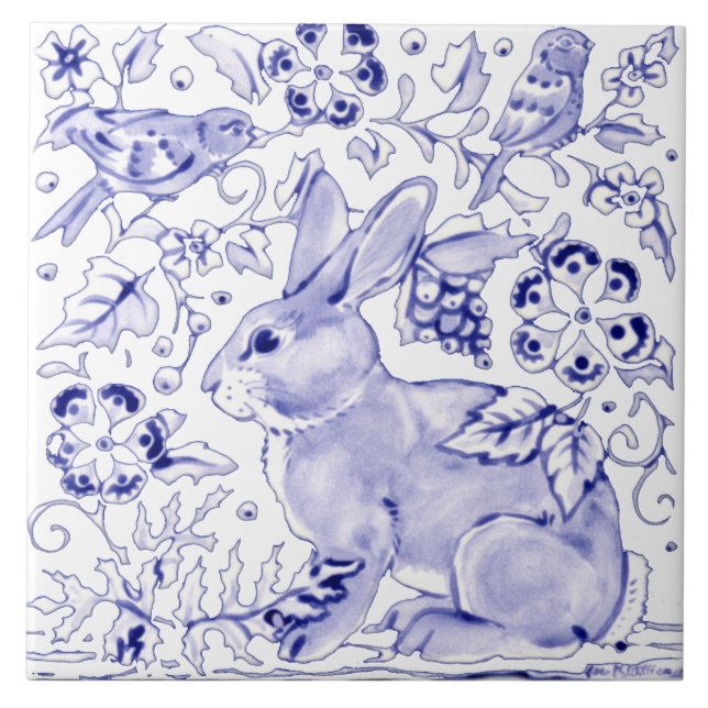 Carreau Delft Blue Bunny Lapin Oiseau Dedham élégant rusti (Devant)