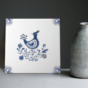 Carreau Delft Blue Dutch Style Fleurs d'oiseaux Indigo Cer