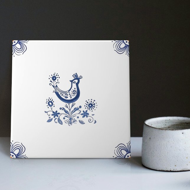 Carreau Delft Blue Dutch Style Fleurs d'oiseaux Indigo Cer (Créateur téléchargé)