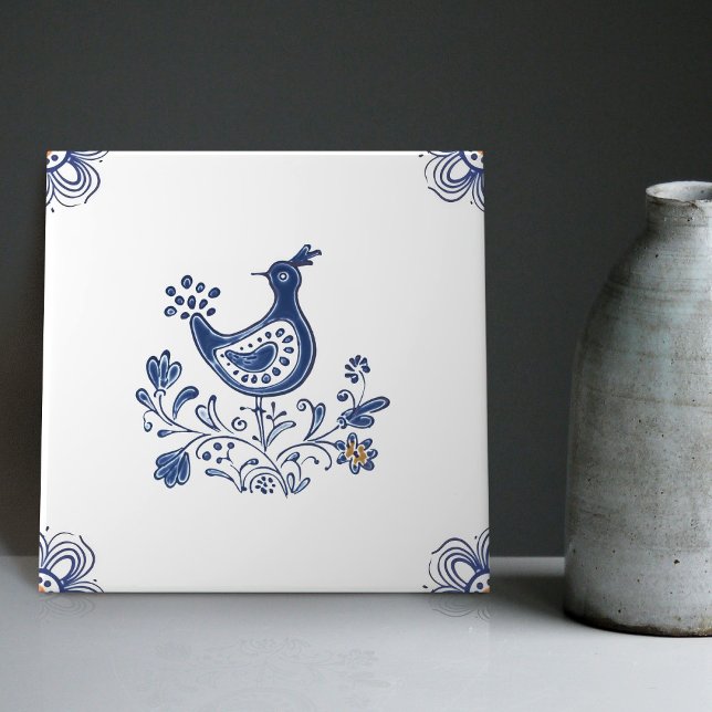 Carreau Delft Blue Dutch Style Fleurs d'oiseaux Indigo Cer (Créateur téléchargé)