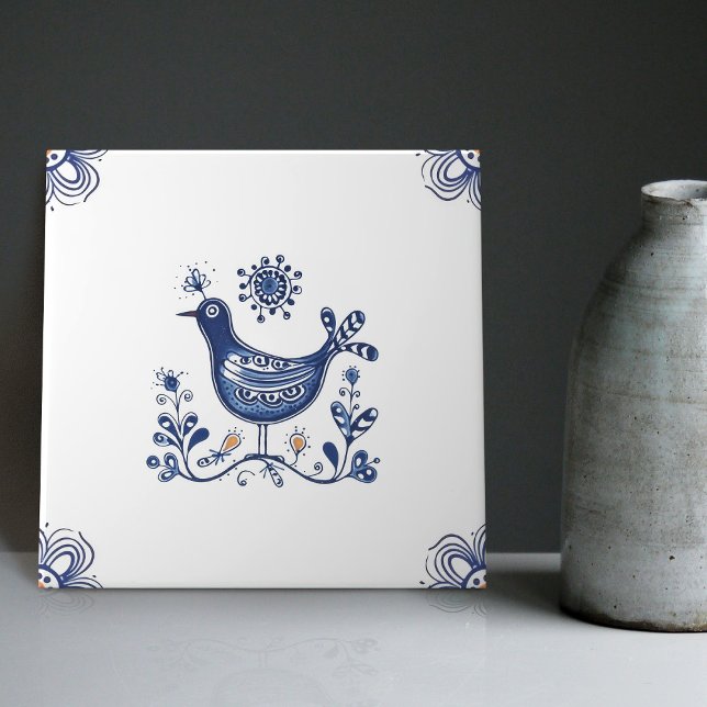 Carreau Delft Blue Dutch Style Fleurs d'oiseaux Indigo Cer (Créateur téléchargé)