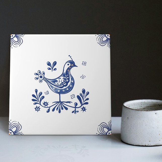Carreau Delft Blue Dutch Style Fleurs d'oiseaux Indigo Cer (Créateur téléchargé)