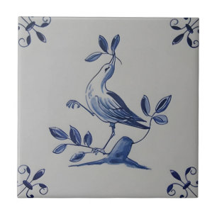 Carreau delft tuiles reproductions vert oiseau manger feui