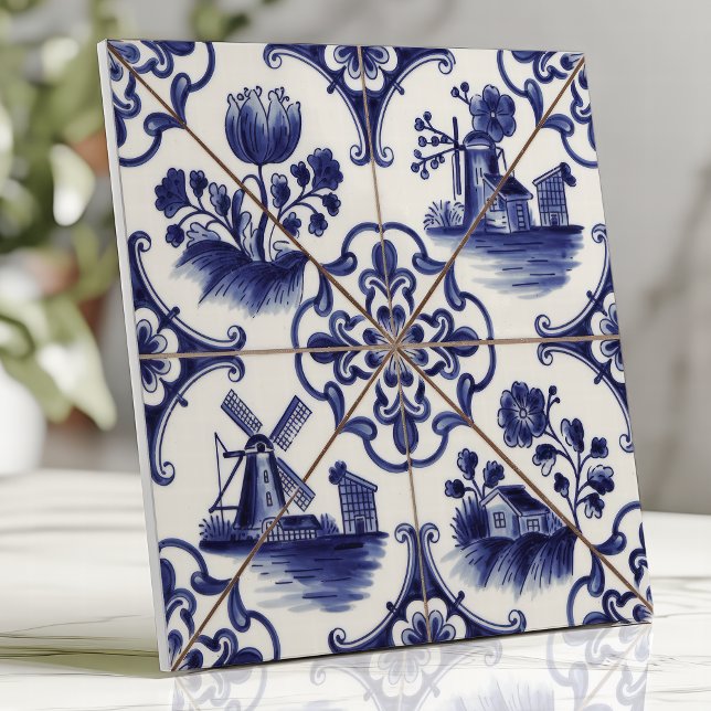 Carreau Delftware traditionnel bleu floral et moulin à ven (Créateur téléchargé)