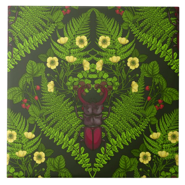 Carreau Dendroctones et fougères, feuilles verts (Devant)