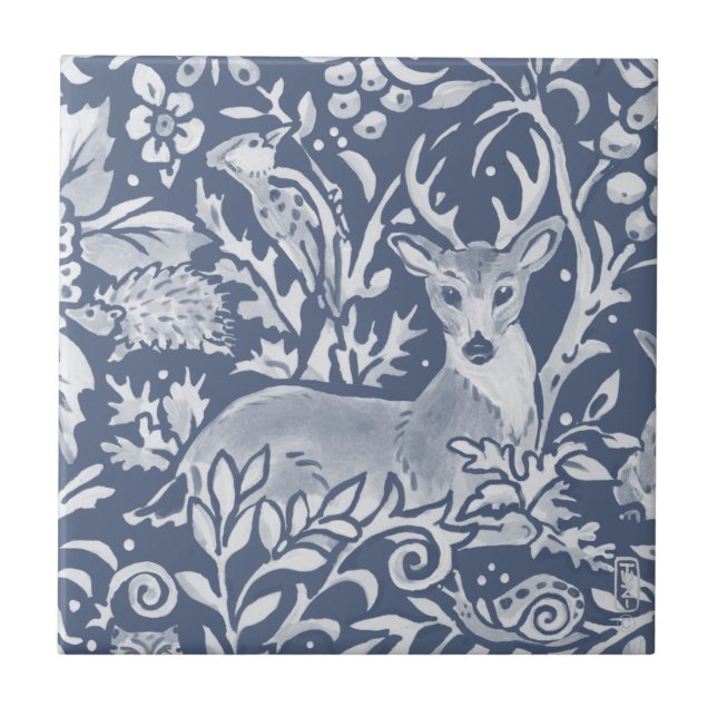 Carreau Denim Blue Deer Forêt de bois Ornat animal  (Devant)