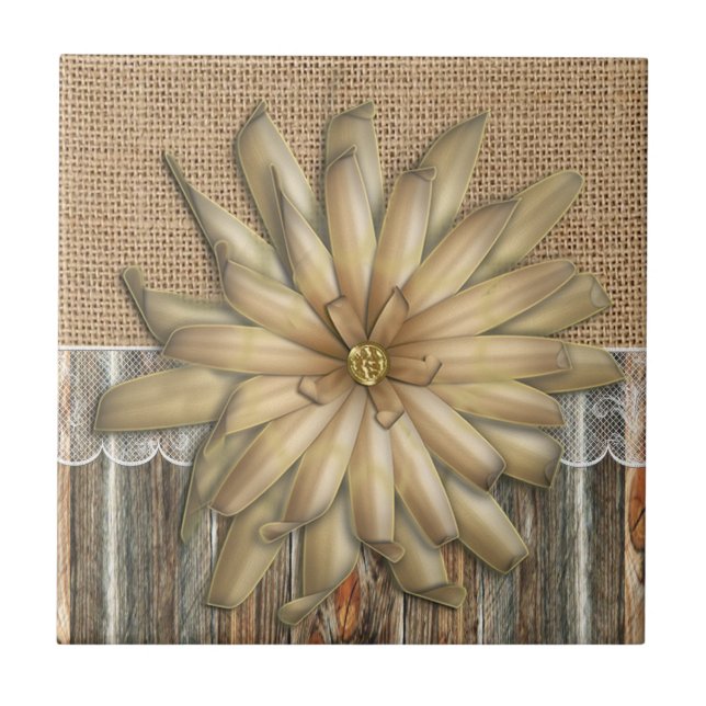 Carreau Dentelle Burlap Barnwood Et Fleur Tan (Devant)