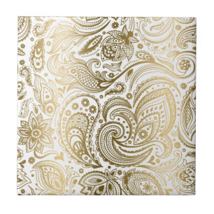 Carreau Dentelle Florale Blanche Et Or Paisley 3