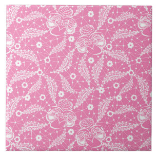 Carreau Dentelle florale blanche sur fond rose 