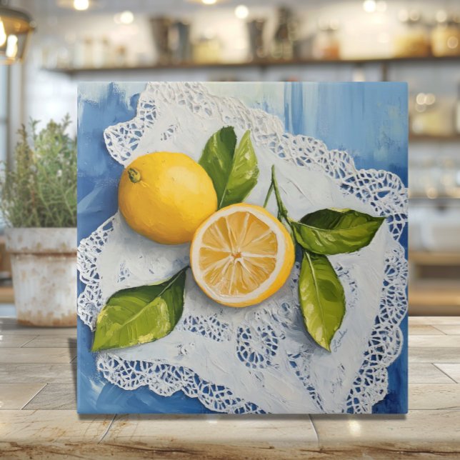 Carreau Dentelle italienne et citrons de Nonna (Nonna's Lace and Lemons Ceramic Trivet - Italian nostalgia and heritage gift)