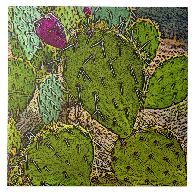 Carreau Desert Cactus Prickly Pear Art numérique décoratif (Devant)