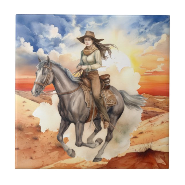 Carreau désert de cowgirl occidentale mignonne (Devant)