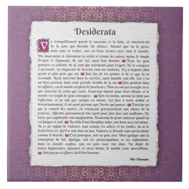 Carreau Desiderata - Choses désirées - poème (Devant)