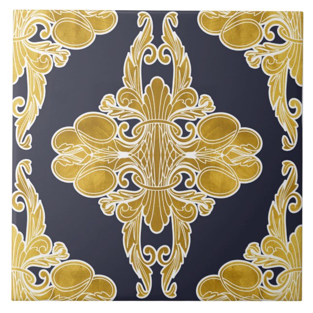 Carreau Design de luxe, motif floral, bleu marine, or (Devant)
