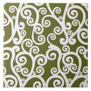 Carreau Design élégant, motif floral, vert olive, blanc