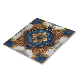 Carreau Design floral complexe en bleu et or