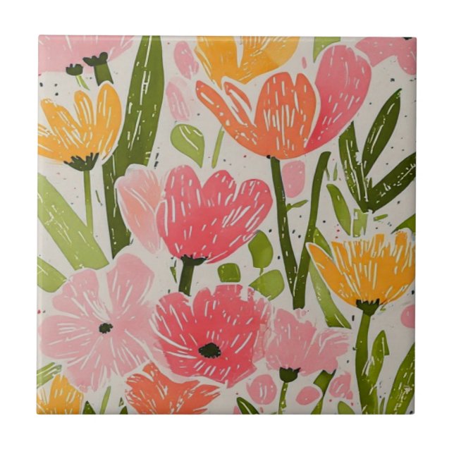 Carreau Design floral moderne du milieu du siècle rétro (Devant)