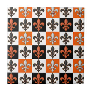 Carreau Design Orange Noir Blanc À damiers Fleur de lis