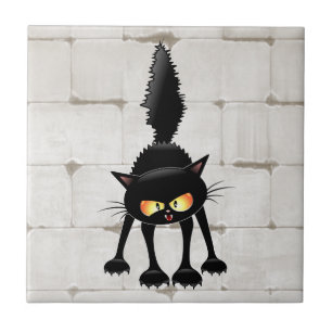 Carreau Dessin animé de chat noir drôle et féroce 