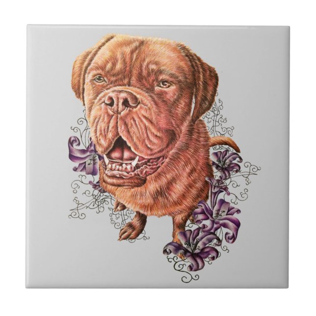 Carreau Dessin d'art Brown et de lis de chien de mastiff (Devant)