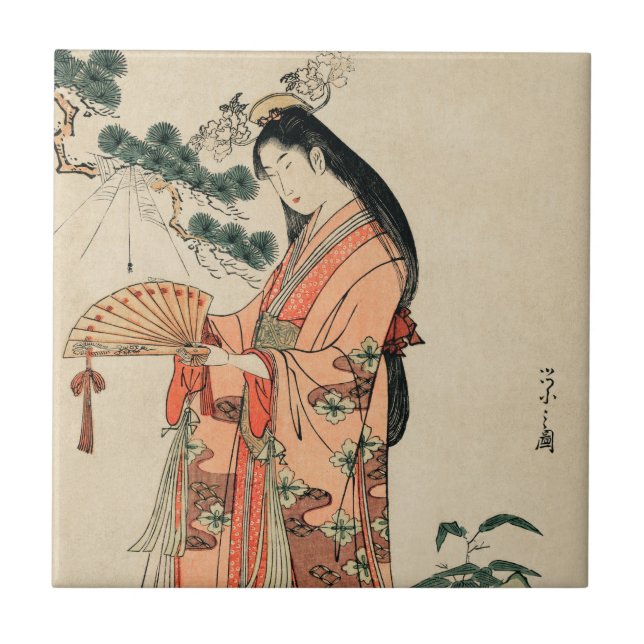 Carreau Dessin de bois japonais antique avec une femme (Devant)