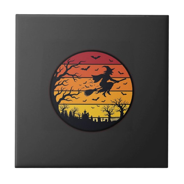 Carreau Dessin de cercle rétro silhouette de sorcière au c (Devant)