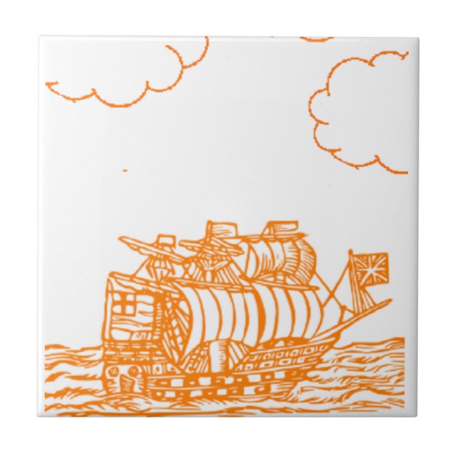 Carreau Dessin de navire bordé d'orange (Devant)