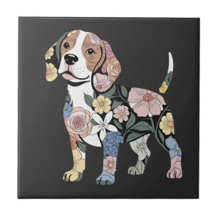 Carreau Dessin de silhouette de beagle fleuri