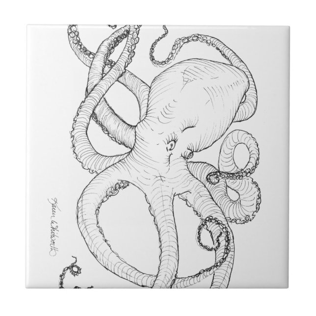 Carreau Dessin d'encre de poulpe noir et blanc (Devant)