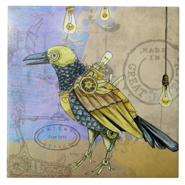 Carreau Dessin grunge de Steampunk d'oiseau mécanique (Devant)