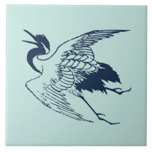 Carreau Dessin japonais vintage d'une grue, bleu