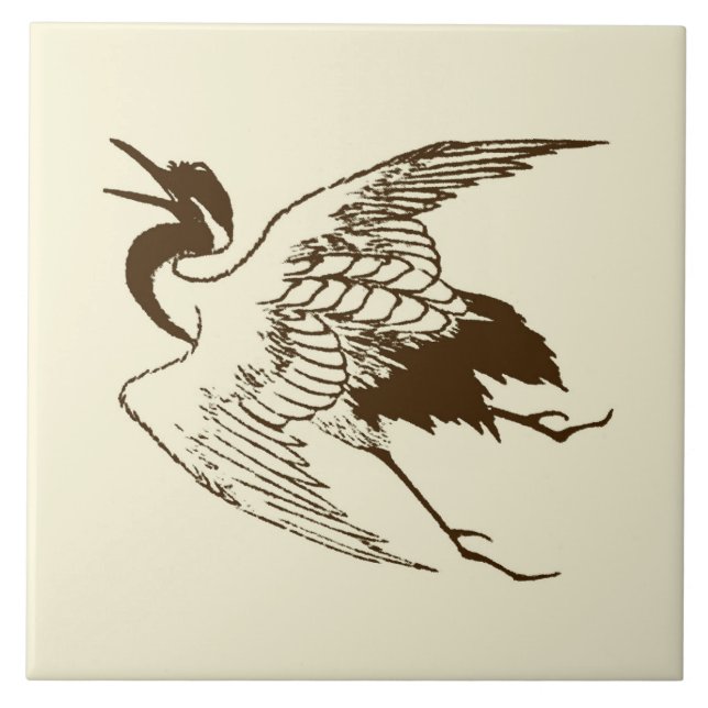 Carreau Dessin japonais vintage d'une grue, marron (Devant)