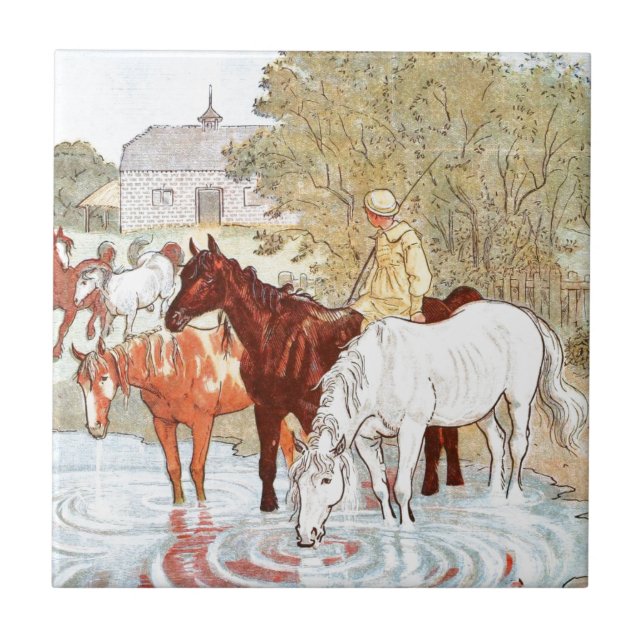 Carreau Dessin vintage : Chevaux buvant dans un étang (Devant)