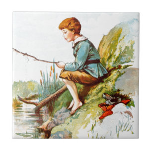 Carreau Dessin vintage : Pêche de garçon en rivière