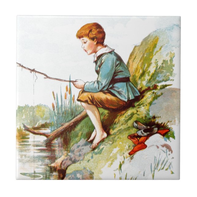 Carreau Dessin vintage : Pêche de garçon en rivière (Devant)