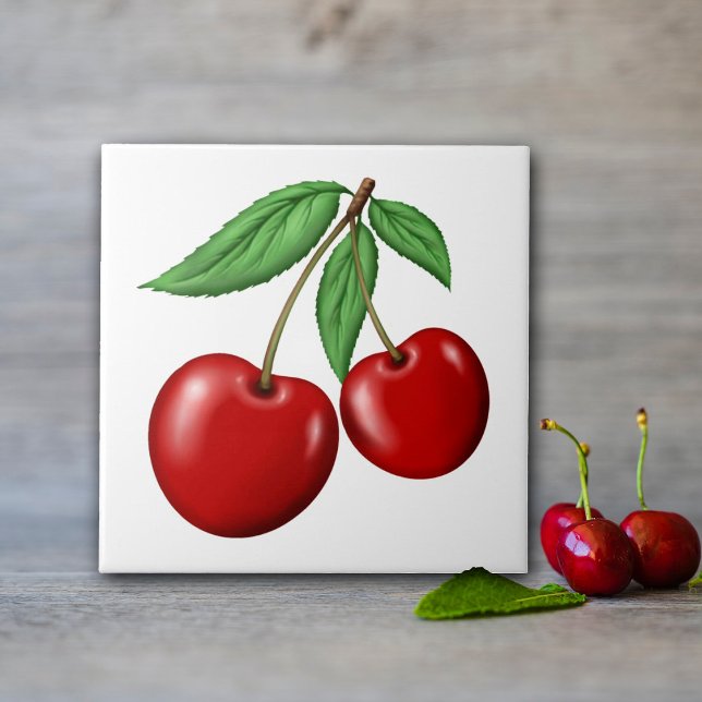 Carreau Deux Cerises Fruitées Rouges (Cherry ceramic tile, in 2 sizes great for kitchen walls! Or order with optional frame for decoration)