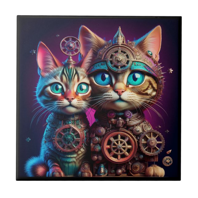 Carreau Deux chatons Steampunk posent (Devant)