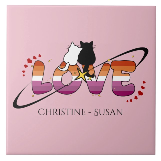 Carreau Deux chats amoureux Drapeau lesbien coucher de sol (Devant)